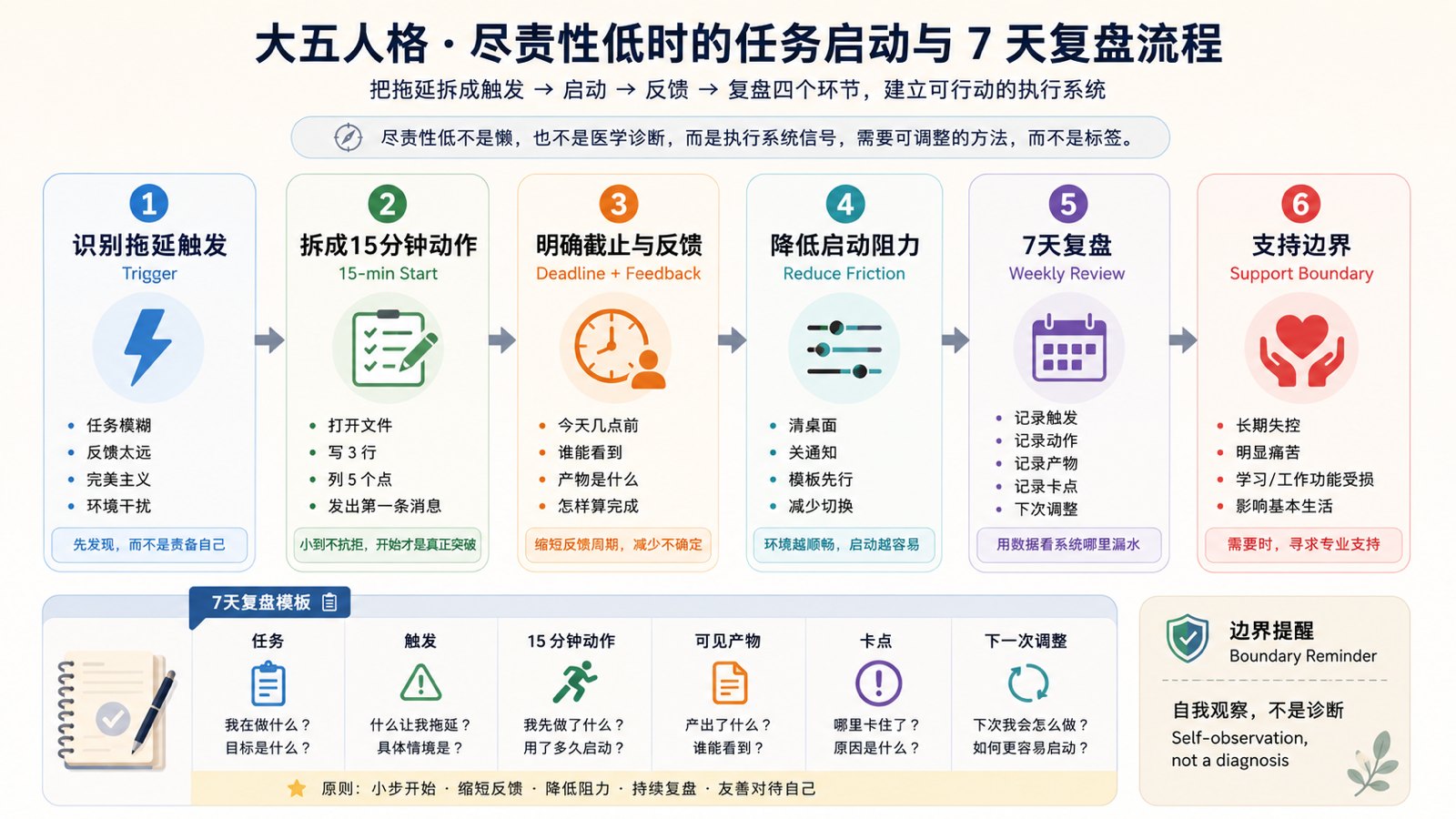 大五人格尽责性低时，把拖延触发、任务拆分和执行复盘转成自我观察清单的桌面决策图