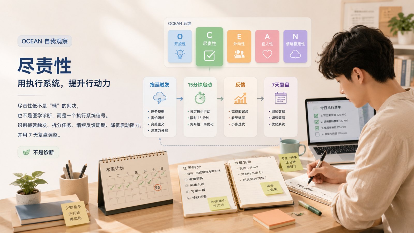 大五人格尽责性低时，把拖延触发、任务拆分和执行复盘转成自我观察清单的桌面决策图