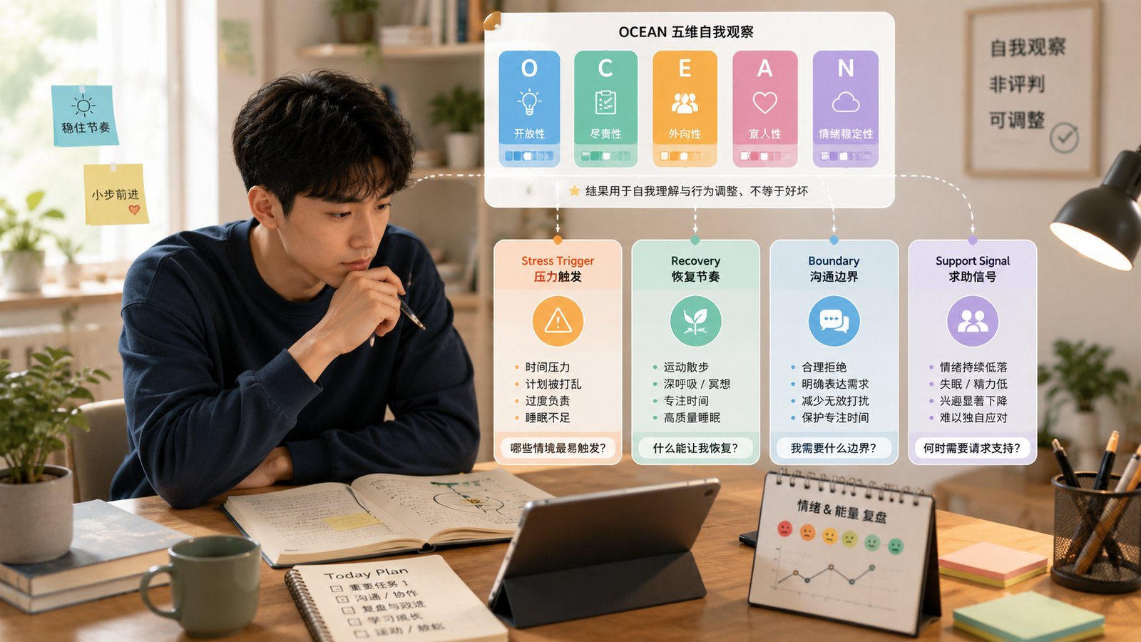 一位用户在压力后对照 OCEAN 结果、触发卡片和恢复清单进行自我观察的编辑插画