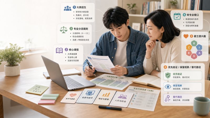 学生和家长在入学前对照大类招生分流规则、课程方向和霍兰德兴趣清单做专业方向选择