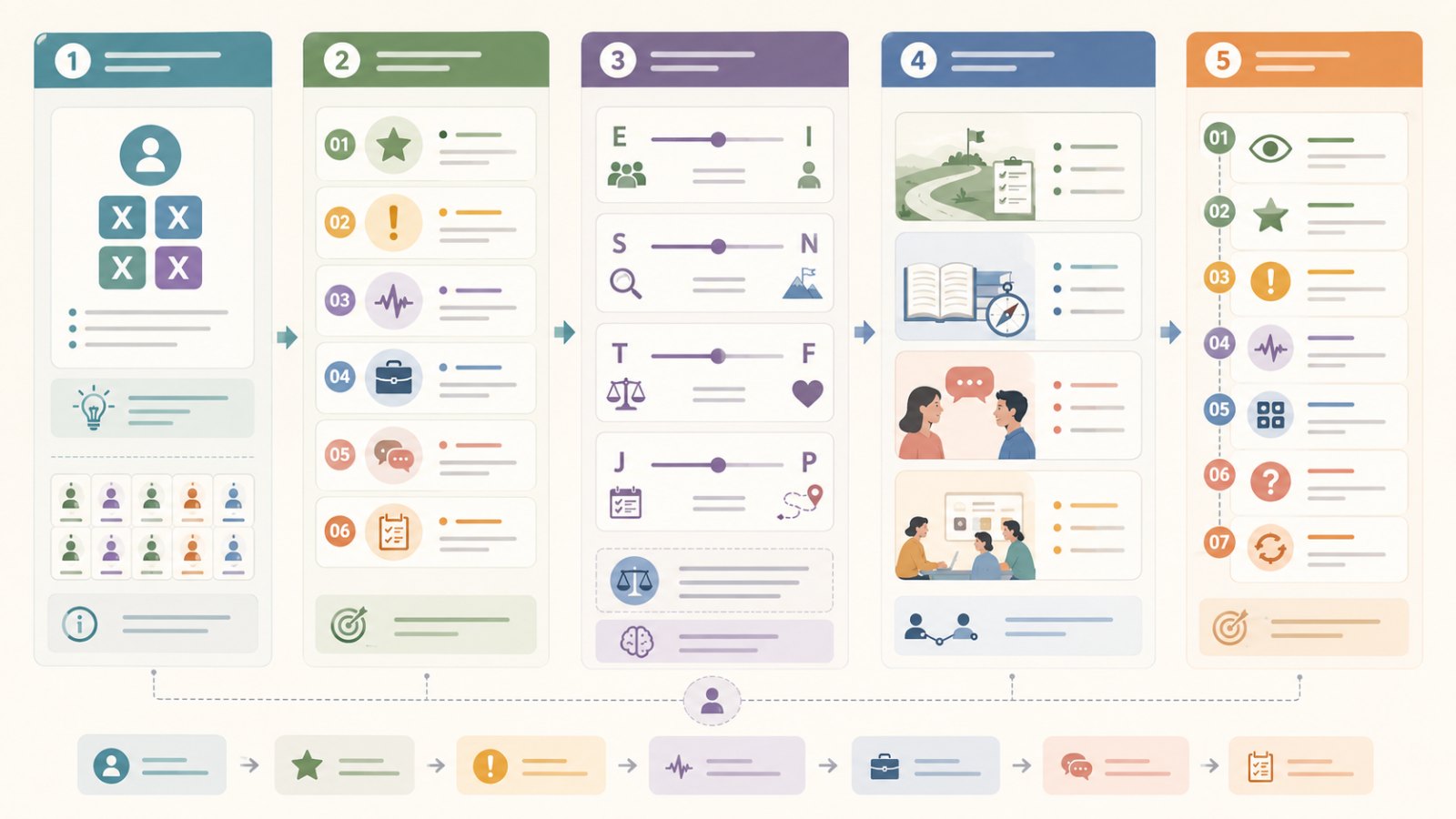 A full MBTI report reading path from 16 personality results to career, relationships, communication, and action steps