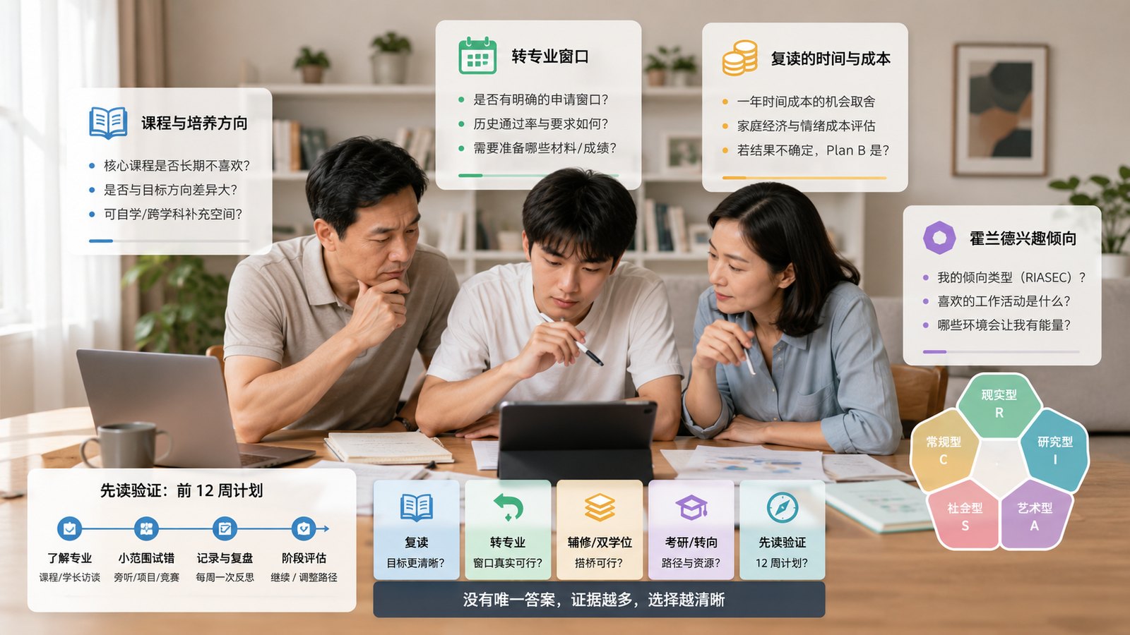 录取专业不理想后，学生和家庭对比课程、转专业、复读成本和霍兰德兴趣的决策场景