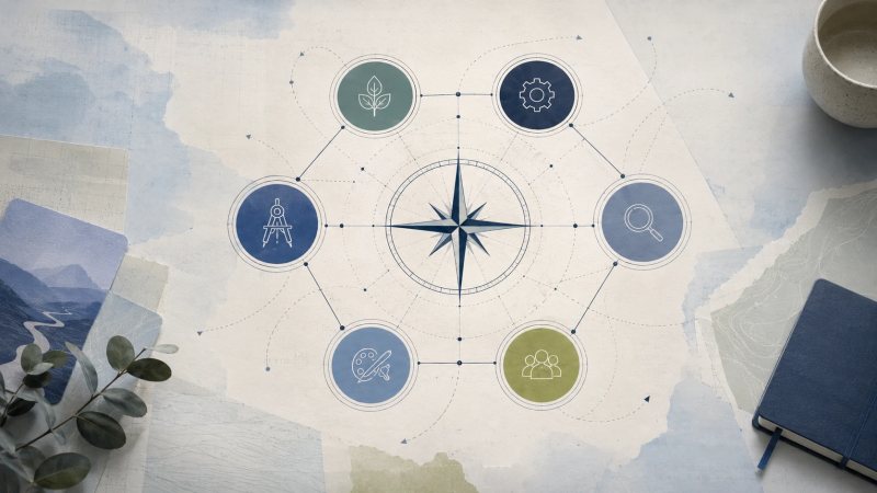 Abstract career compass with six connected directional nodes representing the RIASEC interest model and career exploration paths.