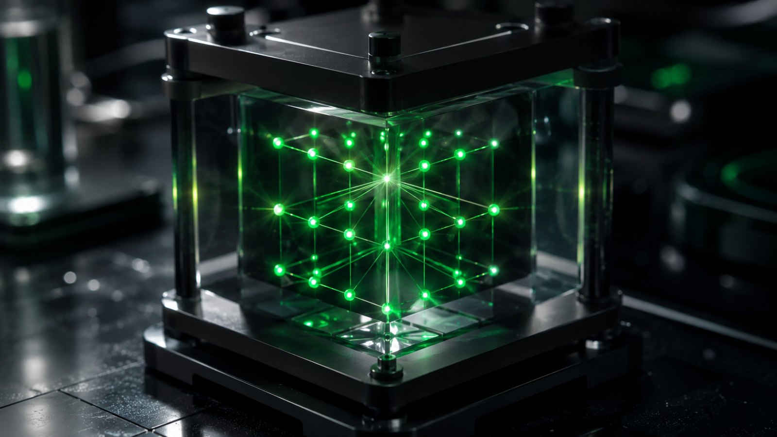 A glowing green node network inside a transparent cube, representing the tension between MBTI type labels and continuous personality traits.