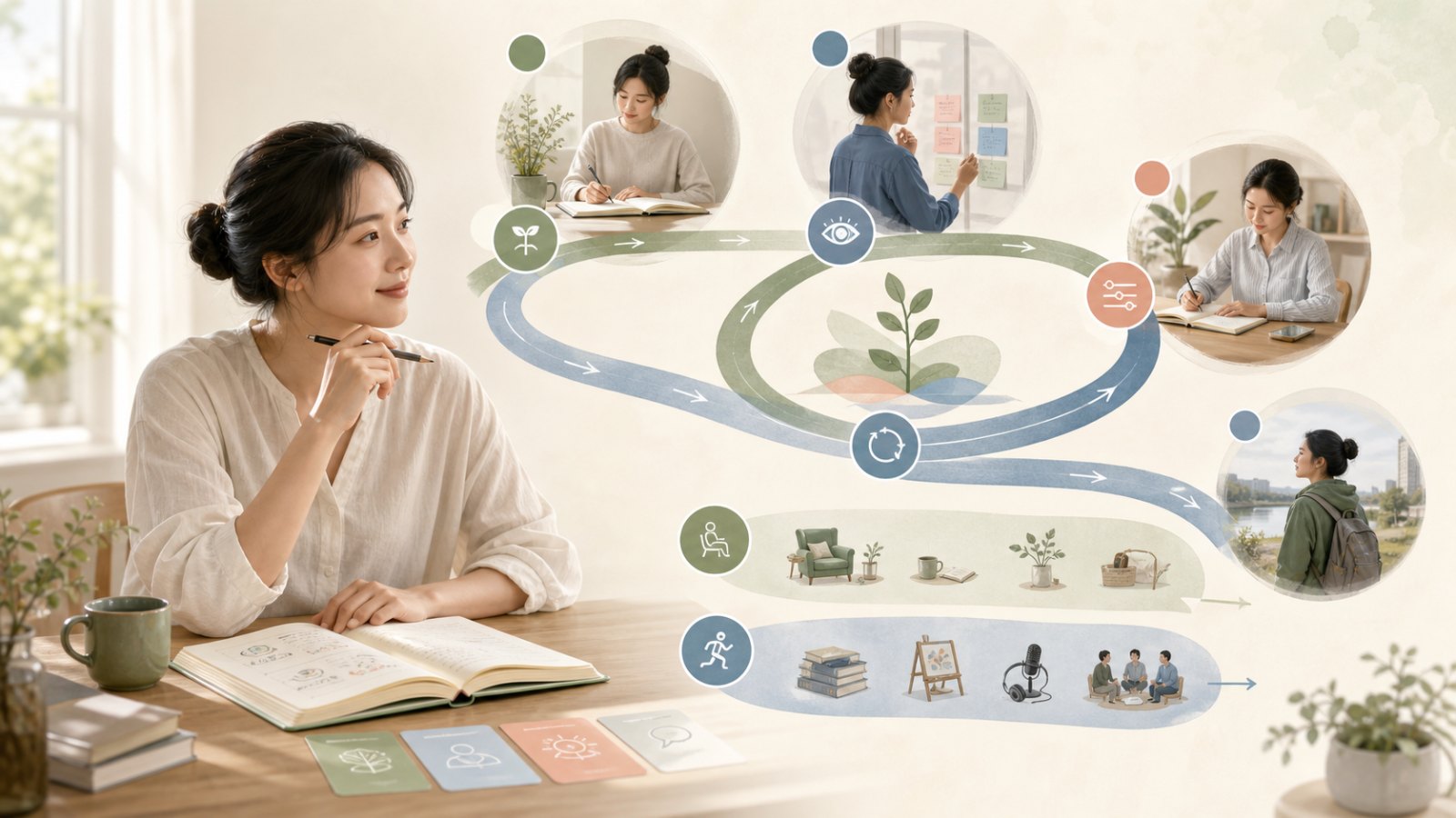A woman plans personality growth through a repeating path of observation, adjustment, and real-world practice.