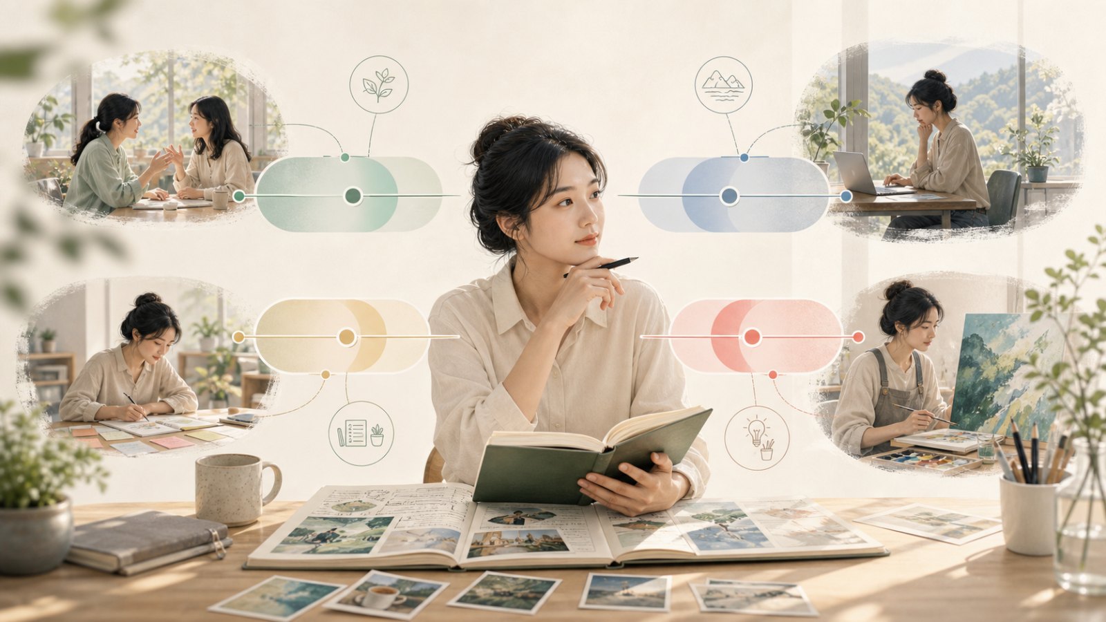 A woman compares communication, solitude, planning, and creative situations to understand MBTI preferences.
