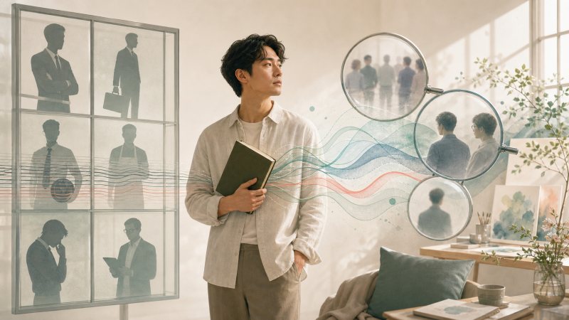 一名男性观察不同社会角色与表达场景,思考敏感特质和自我沉默