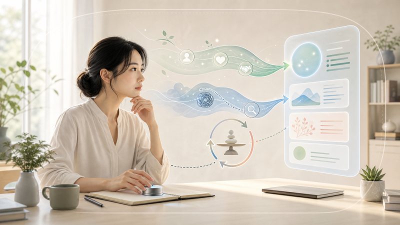 一名女性权衡信任、焦虑、控制感与核查能力后决定如何使用 AI