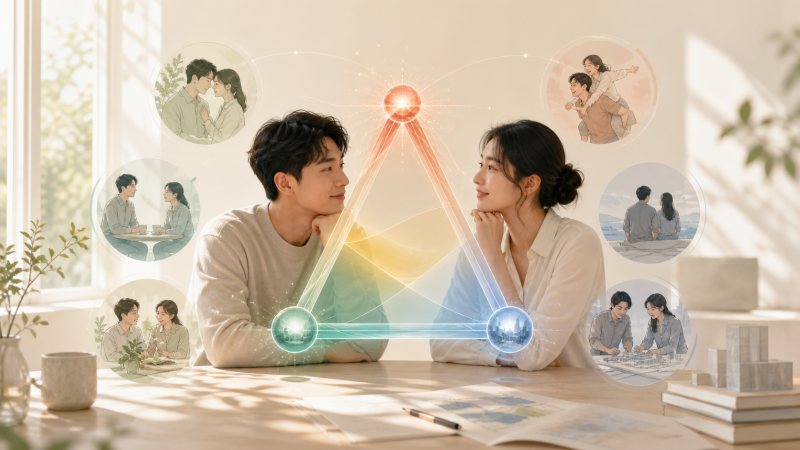 一对伴侣通过亲密、激情与承诺三条路径理解不同爱情脚本