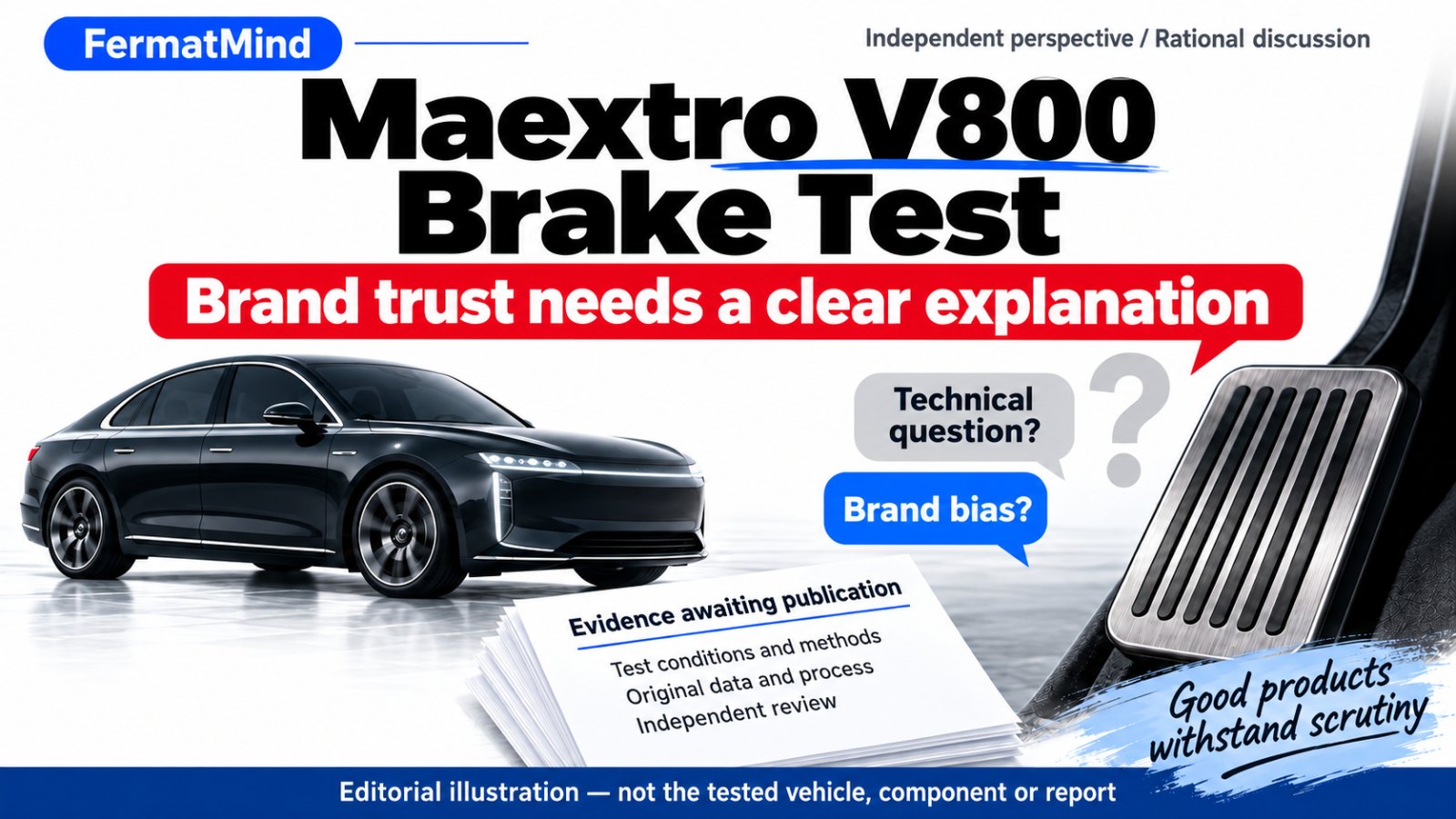 Editorial illustration of brand trust, evidence awaiting publication, and a generic car and pedal; not the tested vehicle, component or report