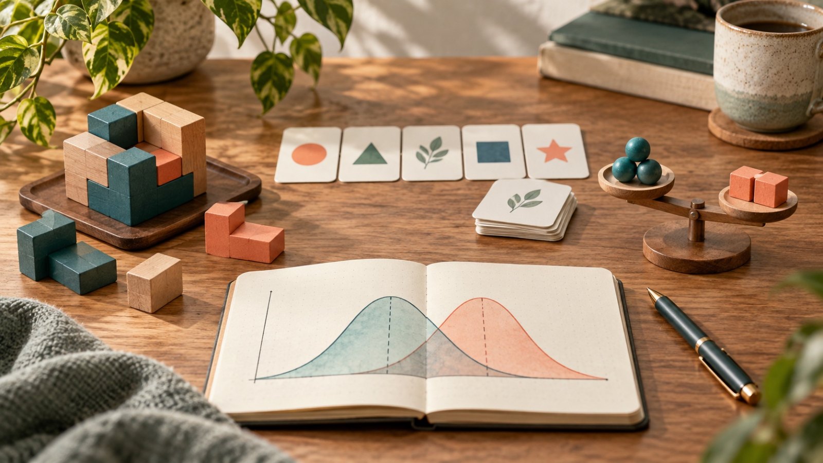 Geometric blocks, symbol cards and score curves illustrate cognitive tasks and score interpretation.