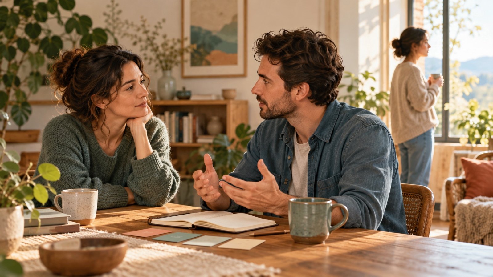 Two people talk at a table while another pauses by a window, illustrating everyday communication.