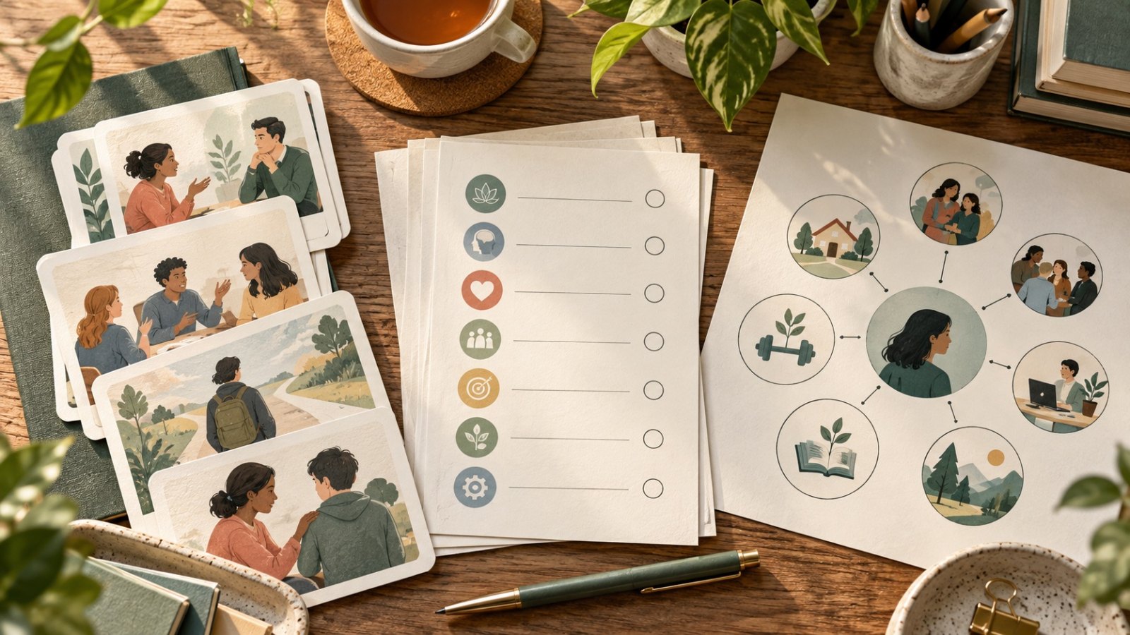 Everyday scene cards, a questionnaire and circular diagrams illustrate different approaches to emotional intelligence.