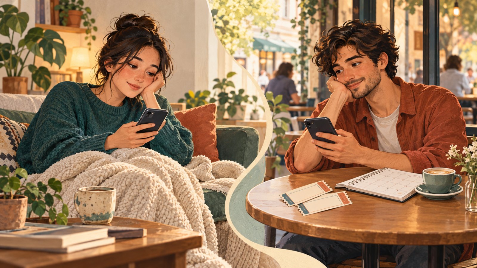 Two adult friends discuss plans by phone, one resting at home and the other beside a calendar and event tickets at a cafe.