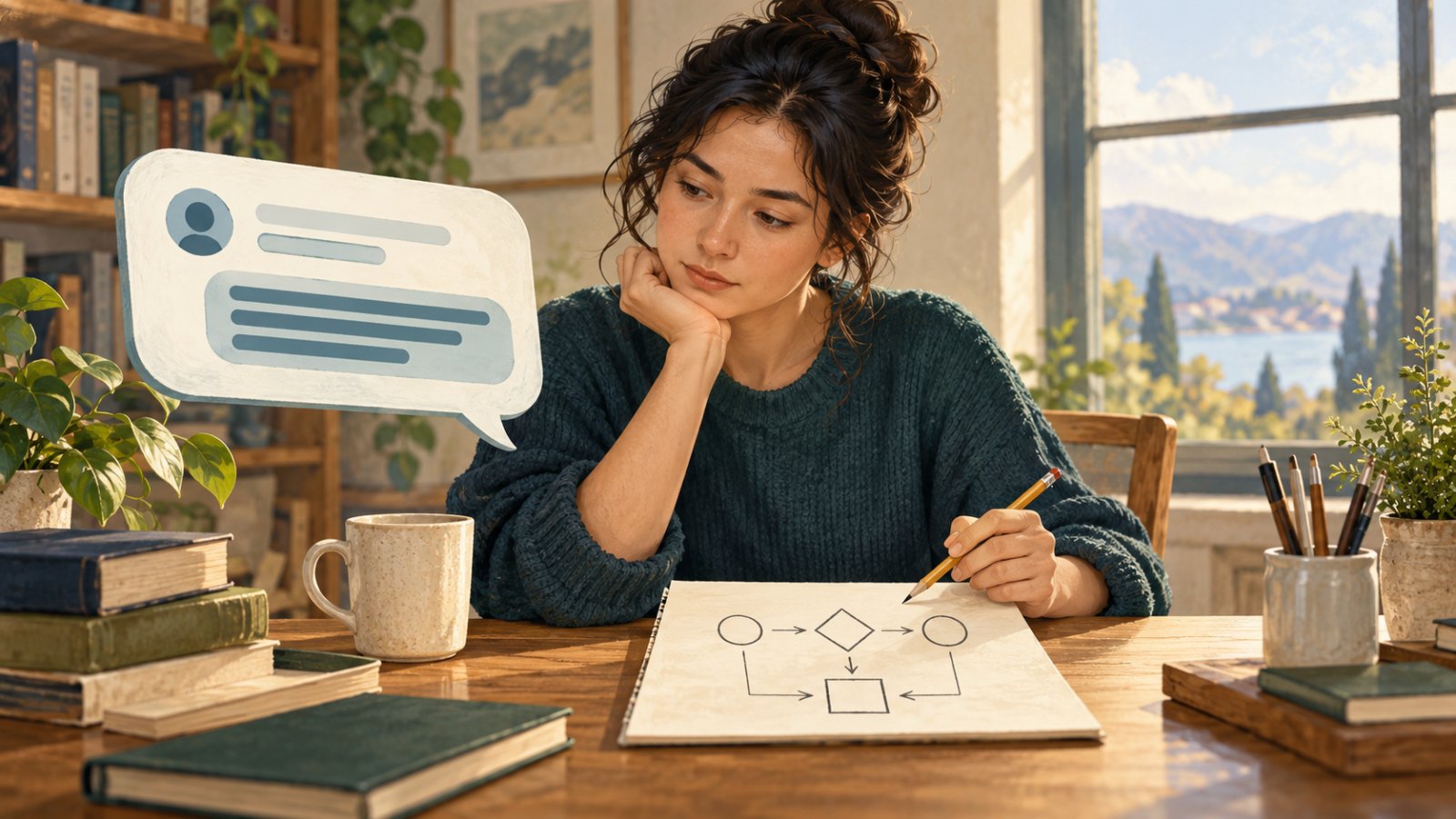 A reader checks a reasoning diagram with a pencil beside an abstract chat bubble.
